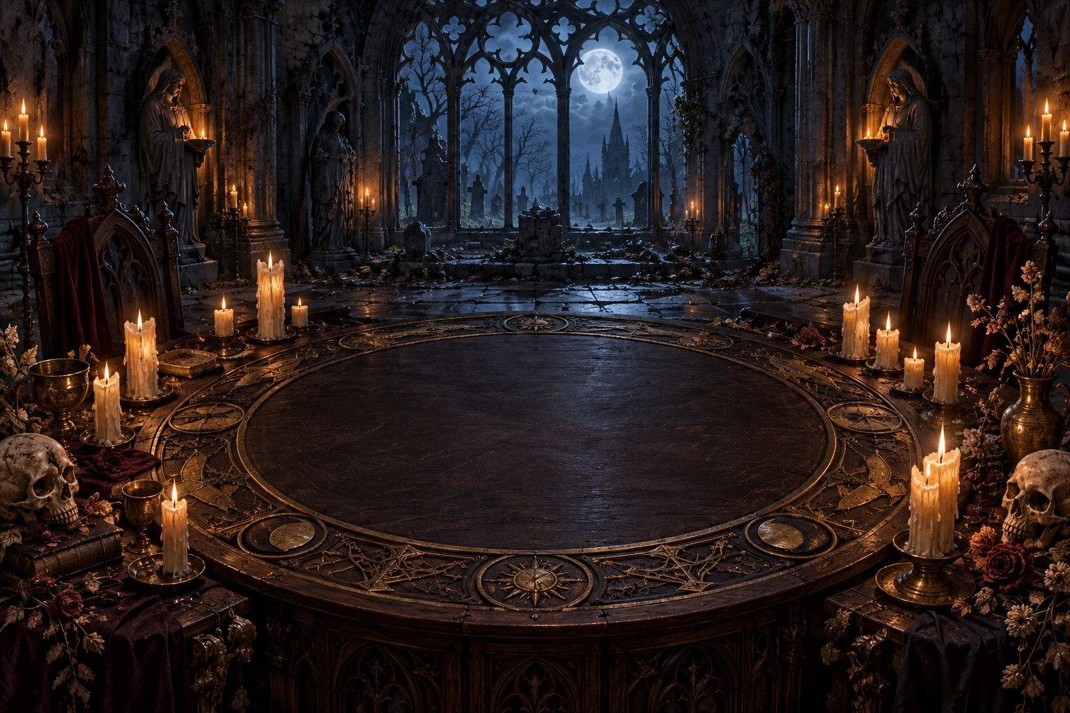 A candlelit séance table in a ruined chapel beneath the moon.